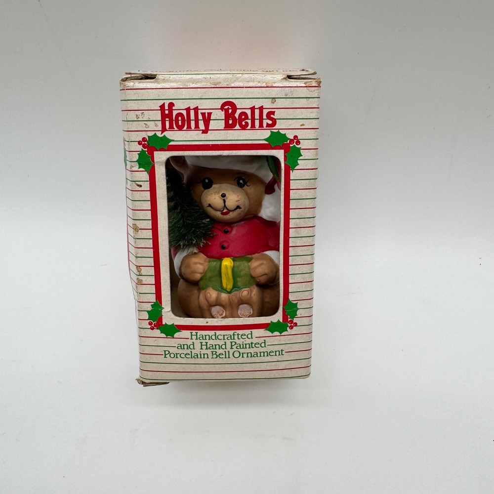 Giftco Holly Bells Ornament Brown Porcelain Bear Bell Hand Painted